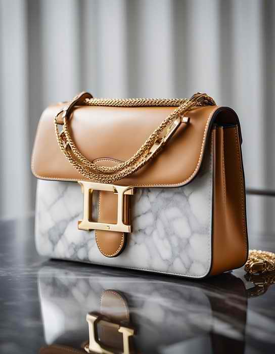 A Hermès Constance bag sits on a luxurious marble countertop, surrounded by soft, natural light. Its sleek, structured silhouette and signature H-shaped clasp catch the eye.jpg