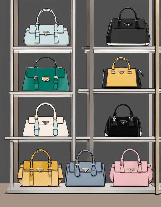 A display of Prada replicas, including handbags, arranged on a sleek, modern shelf.jpg