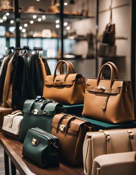 A table displaying various replica bags in a well-lit boutique setting.jpg