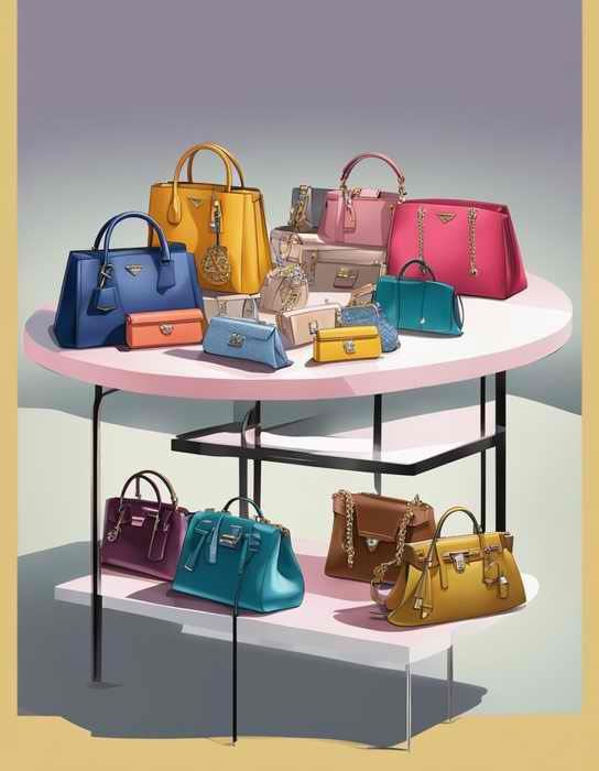 A table with various Prada replicas, including handbags, displayed under bright lights.jpg