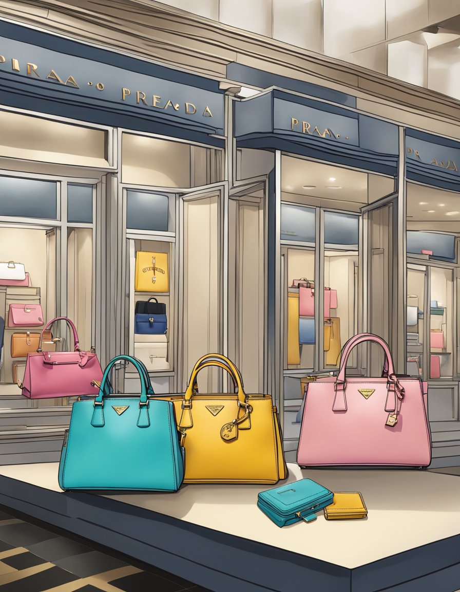 A display of Prada replica handbags with a &#x22;Frequently Asked Questions&#x22; sign in the background.jpg