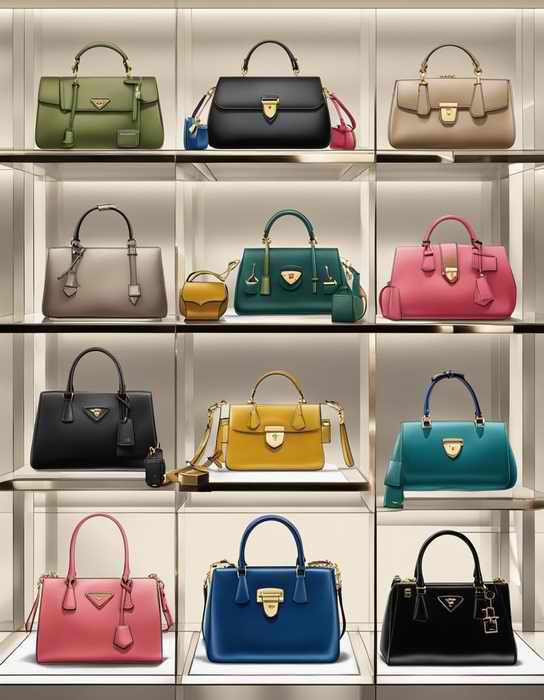 A display of Prada handbags, featuring authentic designs and replicas, arranged in an elegant setting.jpg