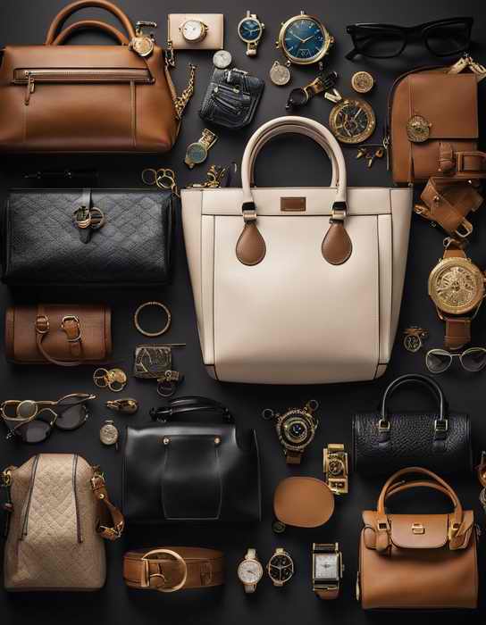 A table with various designer handbags, each displaying unique logos, materials, and craftsmanship. A magnifying glass hovers over a bag, examining its stitching and hardware for authenticity.jpg