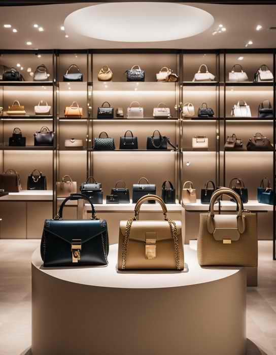 A display of high-end designer handbags arranged on a sleek, well-lit shelf in a luxury boutique.jpg