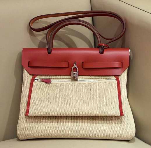 Hermes Herbag Zip 31 Bag In Red/Horse Officier Canvas And Leather