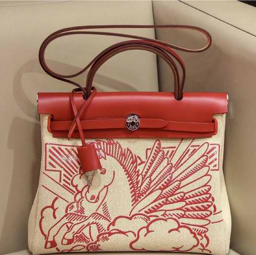 Hermes Herbag Zip 31 Bag In Red/Horse Officier Canvas And Leather